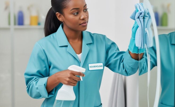 Create_a_realistic_image_of_a_black_woman_cleaning_a_mirror_wearing_a_work_smock_with_the_color_5EC8DC_be_realistic_and_the_smock_should_have_the_name_Houseyclean_It_should_be_rectangular_image_1_
