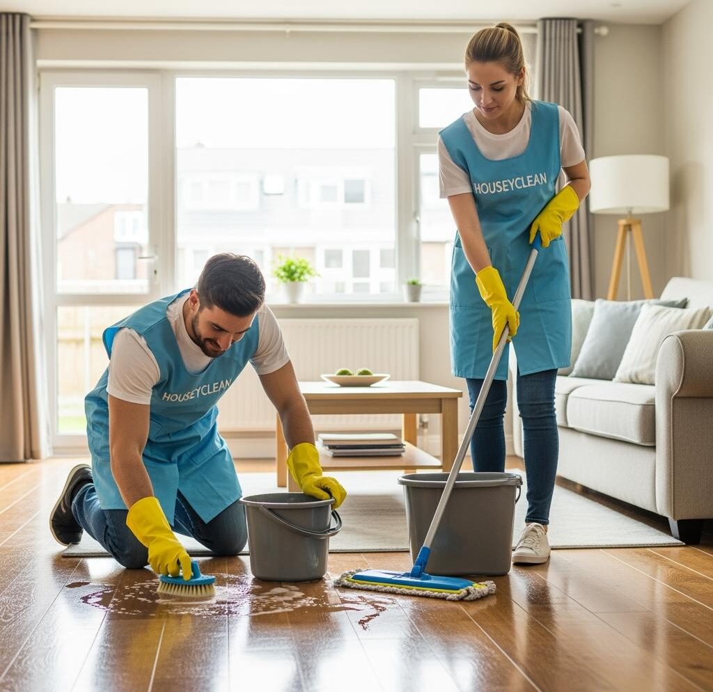Create_an_image_of_a_white_man_and_a_white_woman_cleaning_the_floor_of_a_living_room_wearing_work_smocks_with_the_color_5EC8DC_be_realistic_and_smocks_should_have_the_name_Houseyclean_image_1_