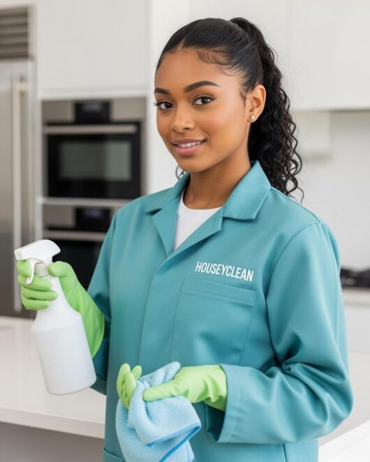 Create_a_black_haired_female_holding_cleaning_supplies_she_should_be_wearing_a_work_coat_in_5EC8DC_color_be_realistic_and_the_coat_should_have_the_name_Houseyclean_image_1_