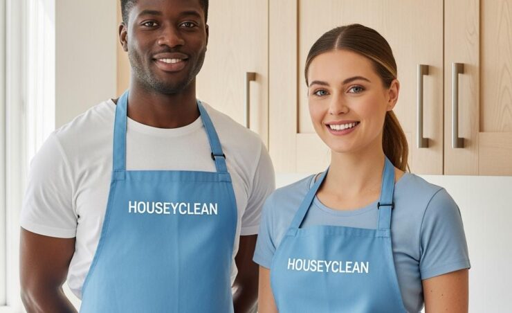 Create_an_image_of_a_black_man_and_a_white_woman_behind_them_there_is_a_kitchen_cabinet_they_are_wearing_a_5EC8DC_work_apron_be_realistic_and_the_apron_should_have_the_name_Houseyclean_image_1_