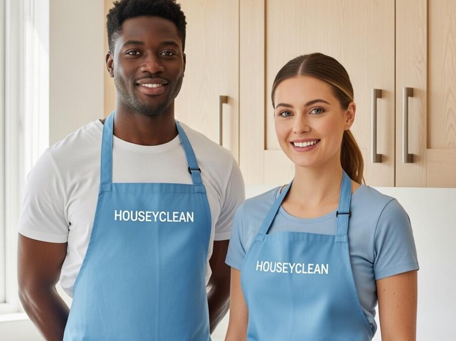 Create_an_image_of_a_black_man_and_a_white_woman_behind_them_there_is_a_kitchen_cabinet_they_are_wearing_a_5EC8DC_work_apron_be_realistic_and_the_apron_should_have_the_name_Houseyclean_image_1_